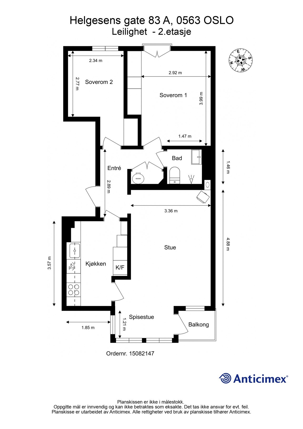 Plantegning 2. etasje. I tillegg disponerer leiligheten en kjellerbod på 7m², samt en loftsbod med gulvareal på 14m². Galleribilde