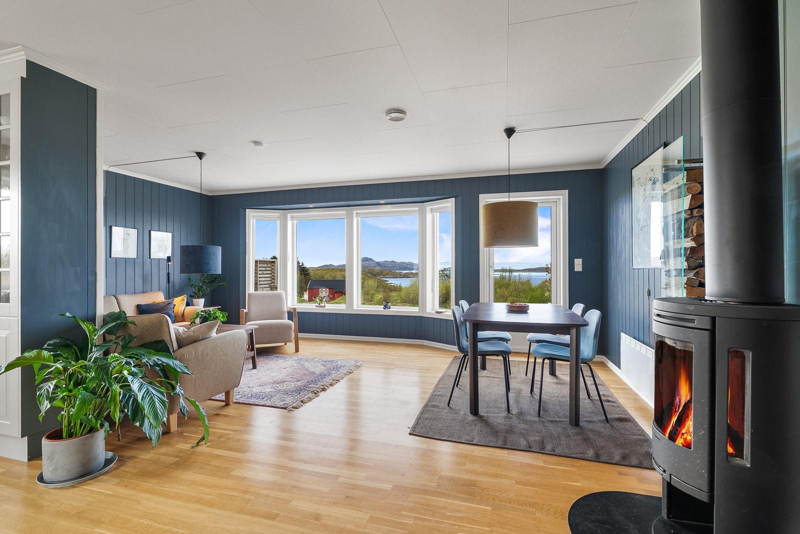 Stuen har plass til både sofagruppe og spisebord, med et ildsted for vedfyring som et sentralt element. Galleribilde