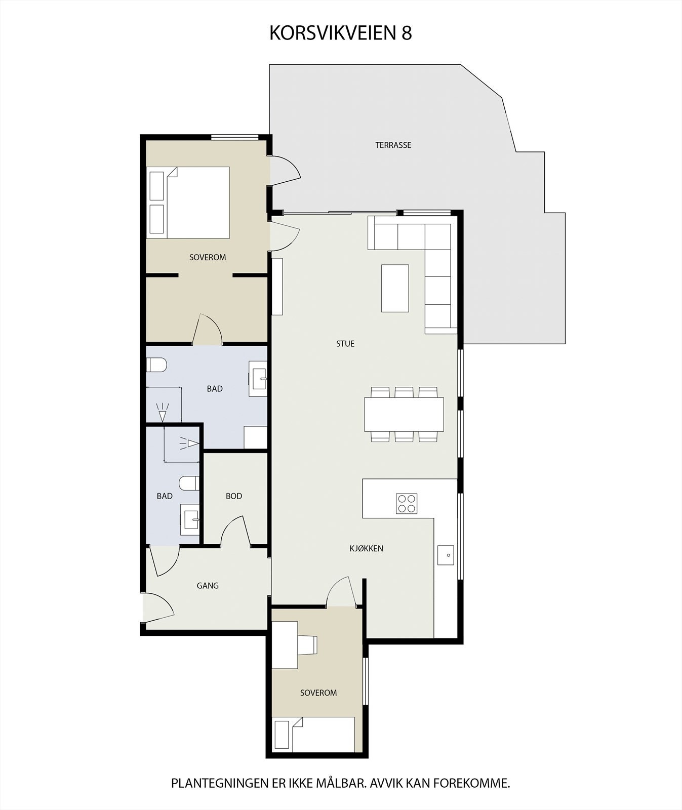 Leiligheten har en effektiv planløsning på ett plan, med to soverom og to bad. Hovedsoverommet har eget bad og garderobeavdeling. Galleribilde