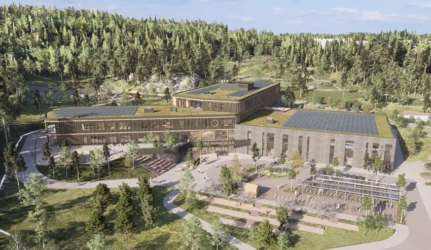Sætre barneskole, slik den er tenkt bygget. Står ferdig om noen få år. Galleribilde