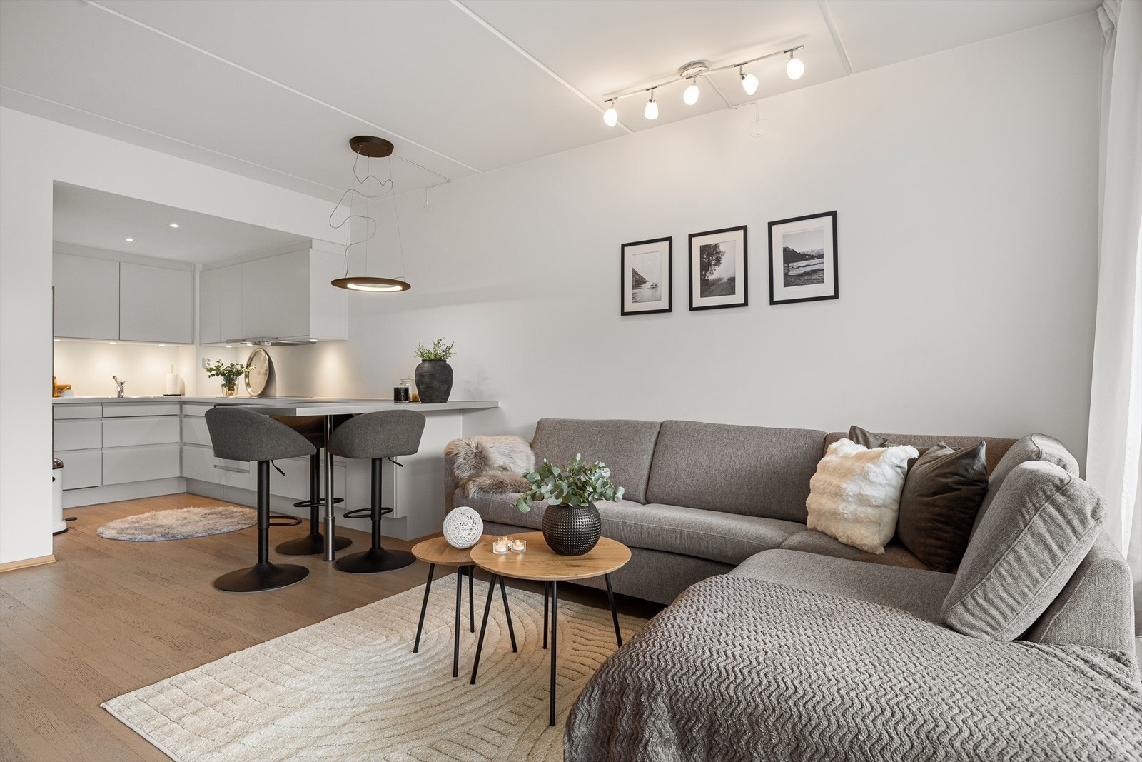 Stuen har en åpen løsning mot kjøkkenet, med god plass til en romslig sofagruppe. Galleribilde
