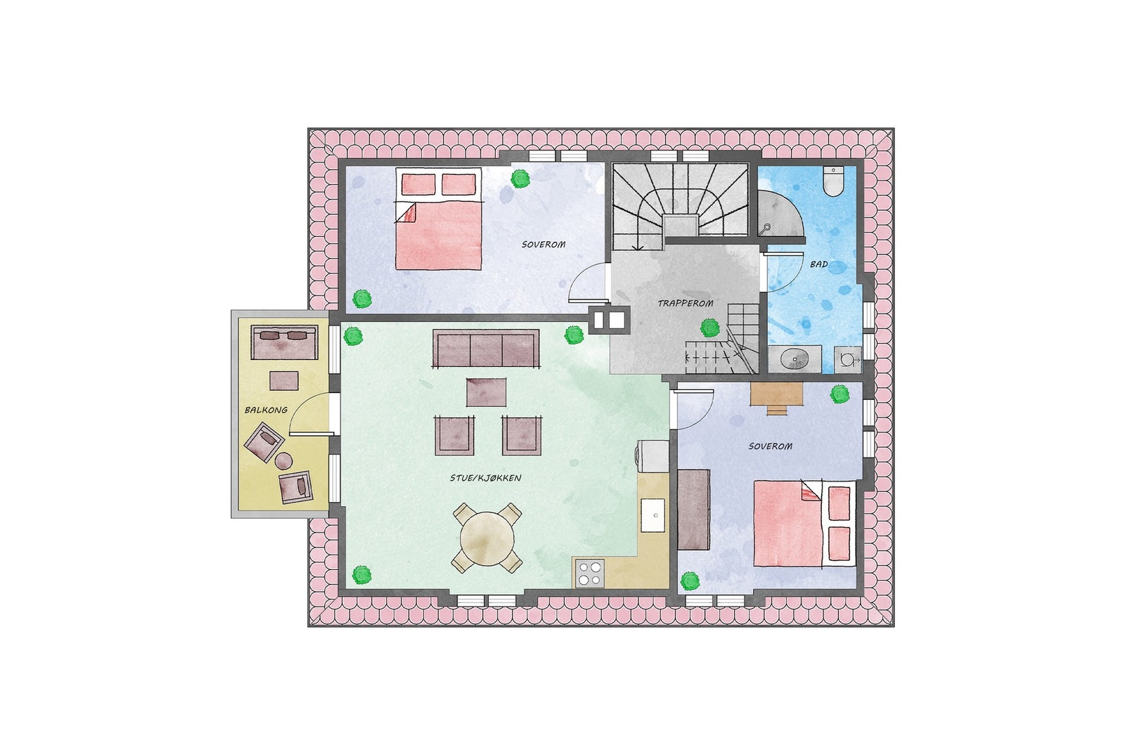 Hovedetasjen har et areal på 75 m² og utgang til altan på 6 m² | I tillegg er det inngangsparti i 1. etasjen med et areal på 9 m² Galleribilde