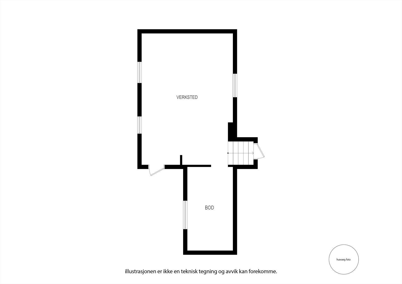 Underetasjen består av et stort verksted og en bod, som utgjør et eksternt bruksareal på 36 m². Galleribilde