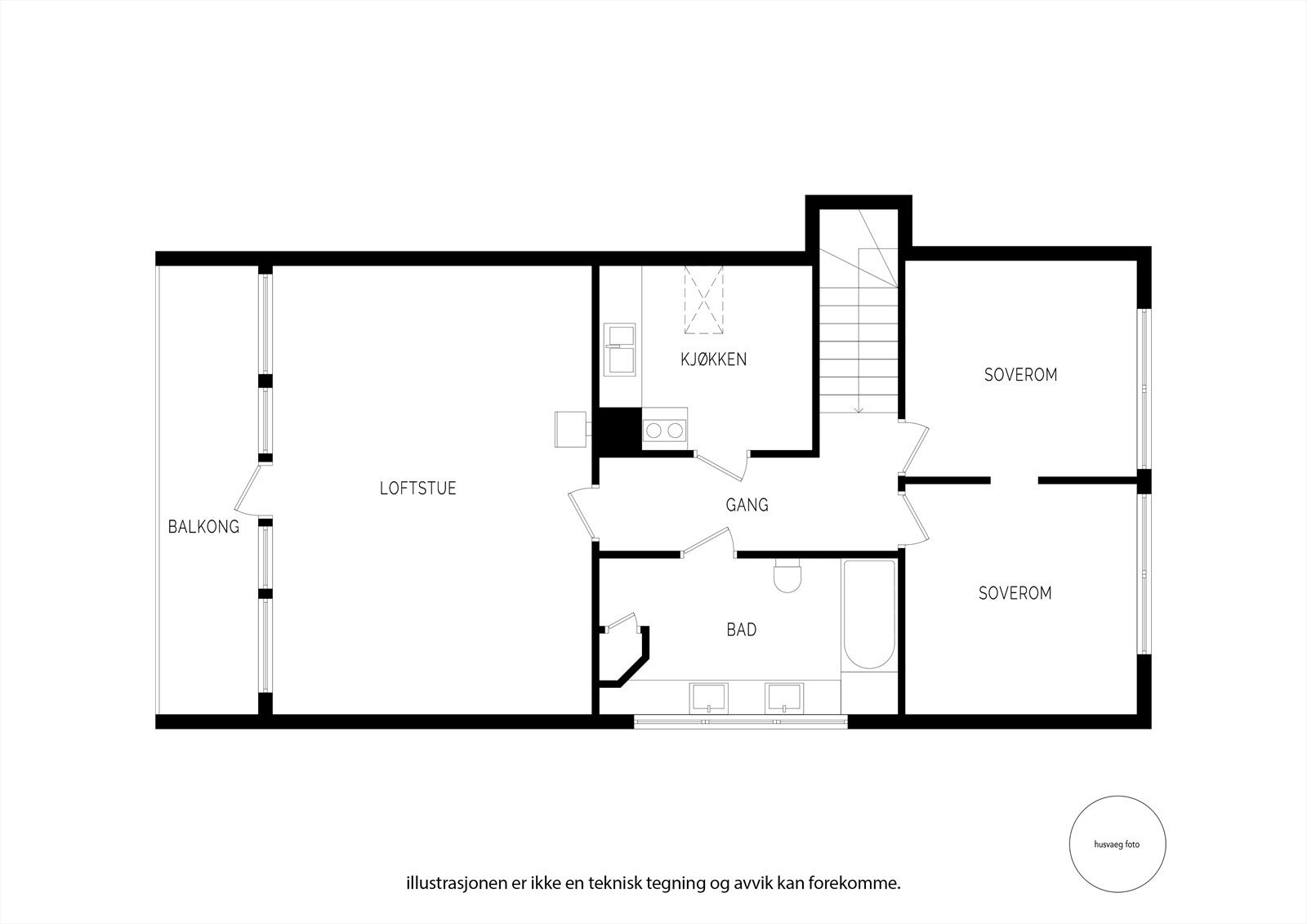 Andre etasje inneholder en stor loftstue, to soverom, bad og et sekundært kjøkken. Fra loftstuen er det utgang til balkong. Galleribilde