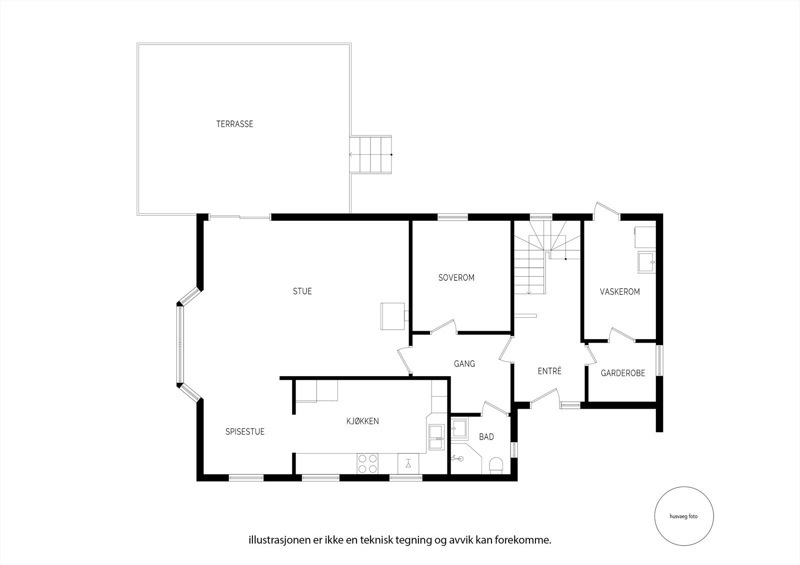 Første etasje har en romslig planløsning med stue, kjøkken, soverom, bad og vaskerom. Fra stuen er det direkte utgang til den store terrassen. Galleribilde
