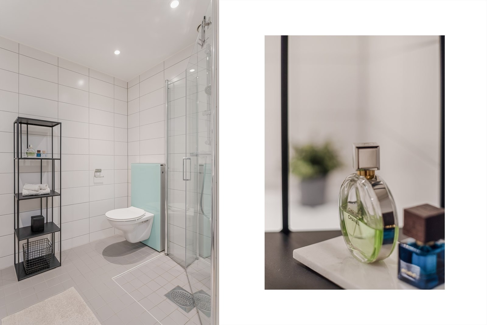 Badet er innredet med moderne servant med skuffeseksjon, speil med sidelys, vegghengt toalett og et dusjhjørne med svingbare glassdører. Galleribilde