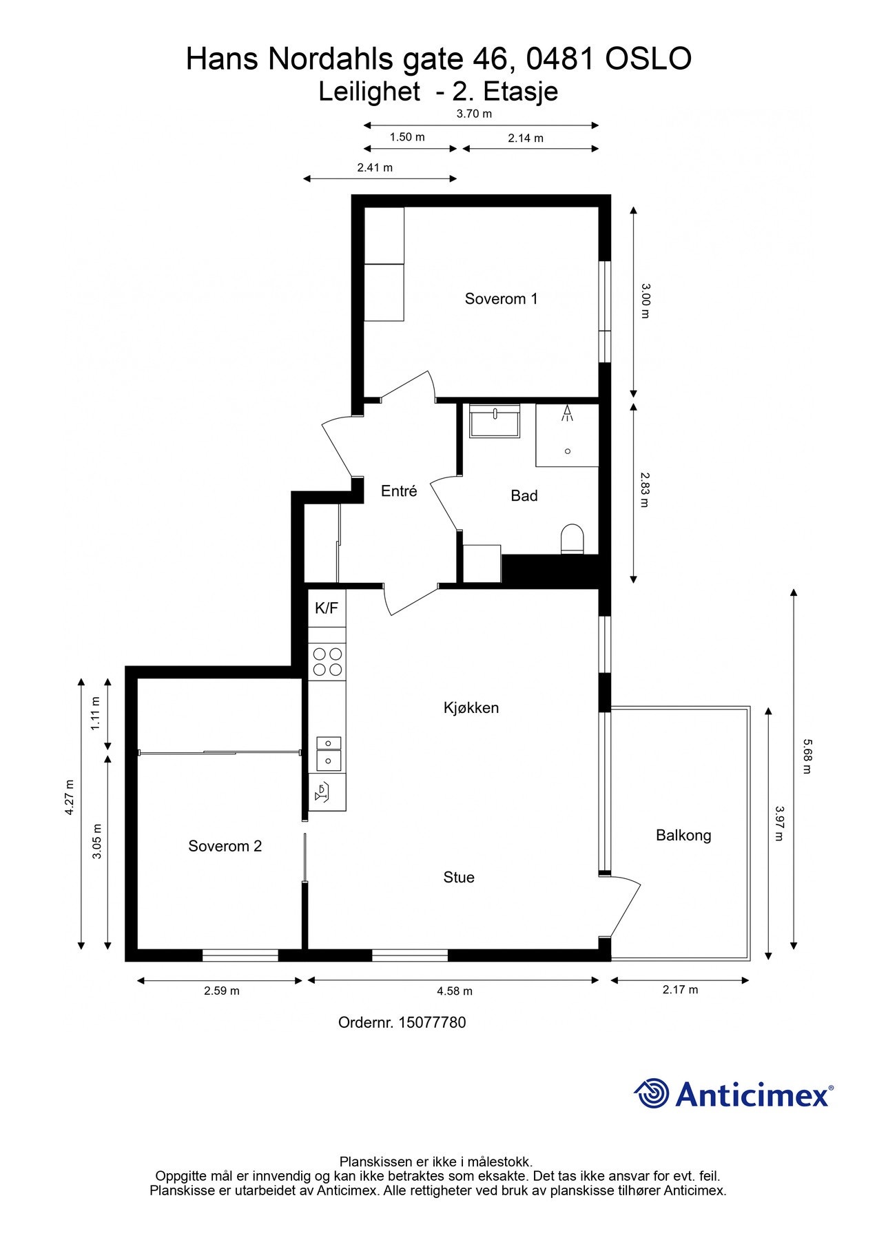 Målsatt planskisse -3-rom endeleilighet med entré, baderom, kjøkken/stue og to adskilte soverom. Galleribilde