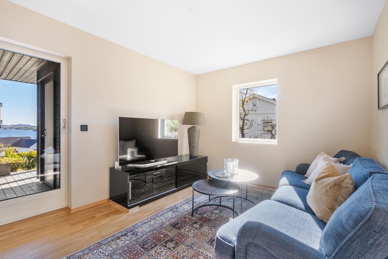 TV-stue med adkomst til terrasse og hage Galleribilde