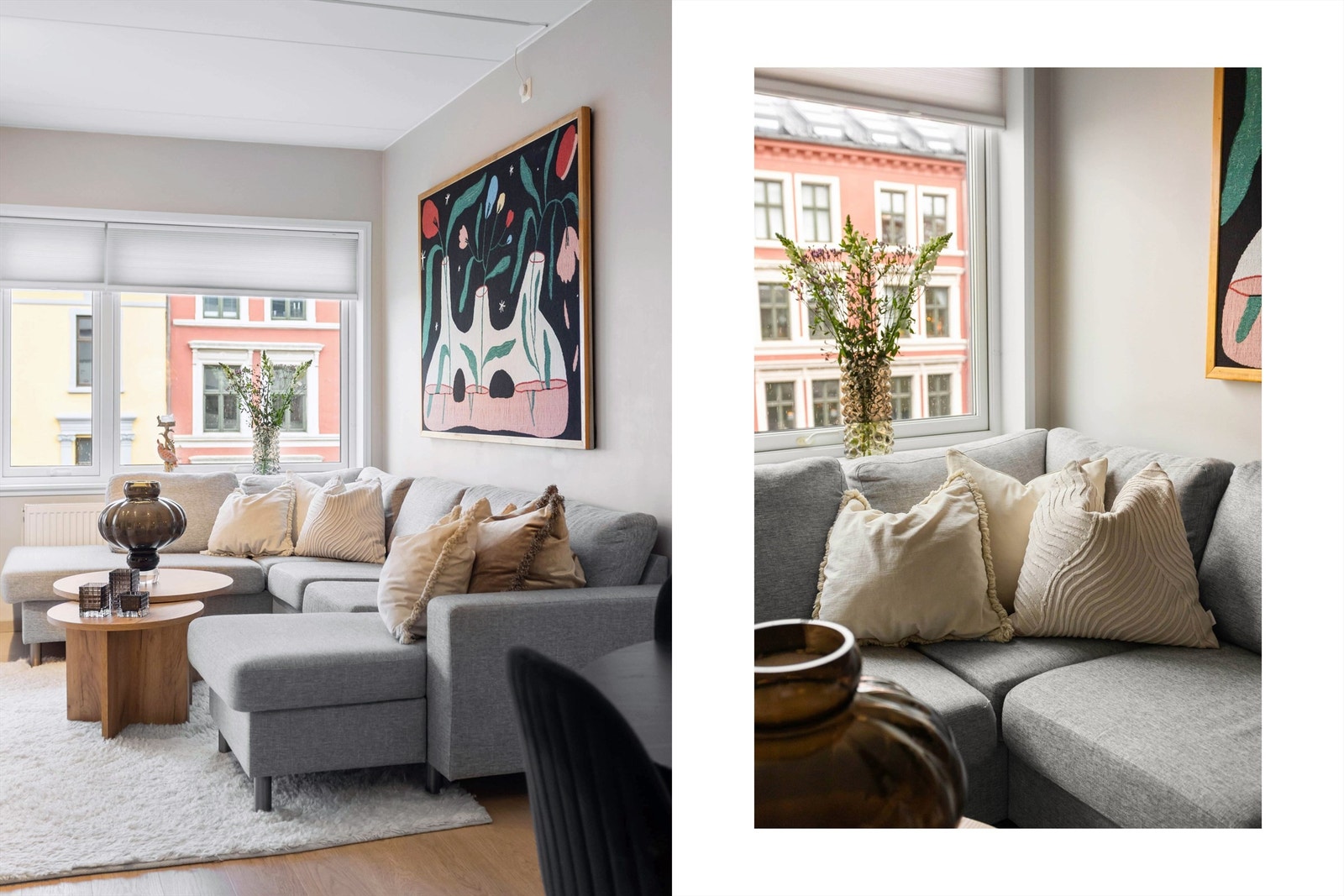 Gjennomgående parkett på gulv og store vindusflater skaper en lys og helhetlig atmosfære i leiligheten. Galleribilde