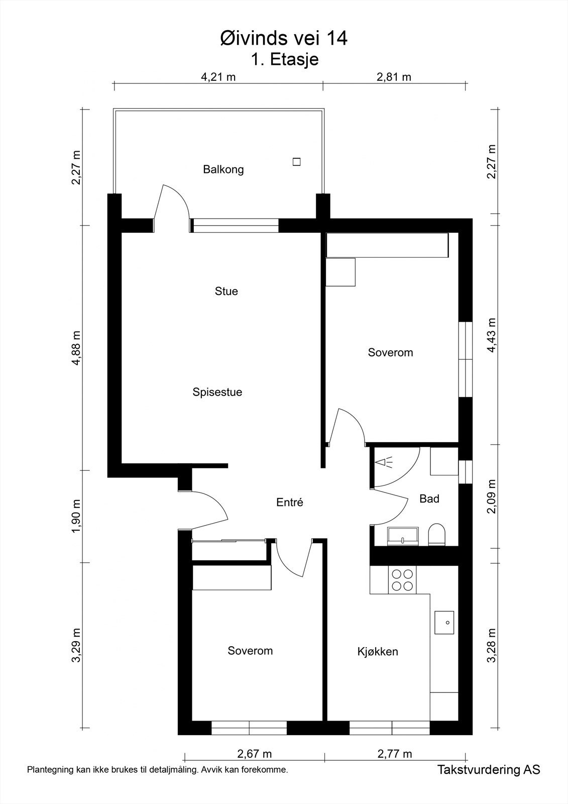 Leiligheten har en praktisk planløsning med entré, to soverom, bad, separat kjøkken og stue med spisestue. To boder medfølger. Galleribilde