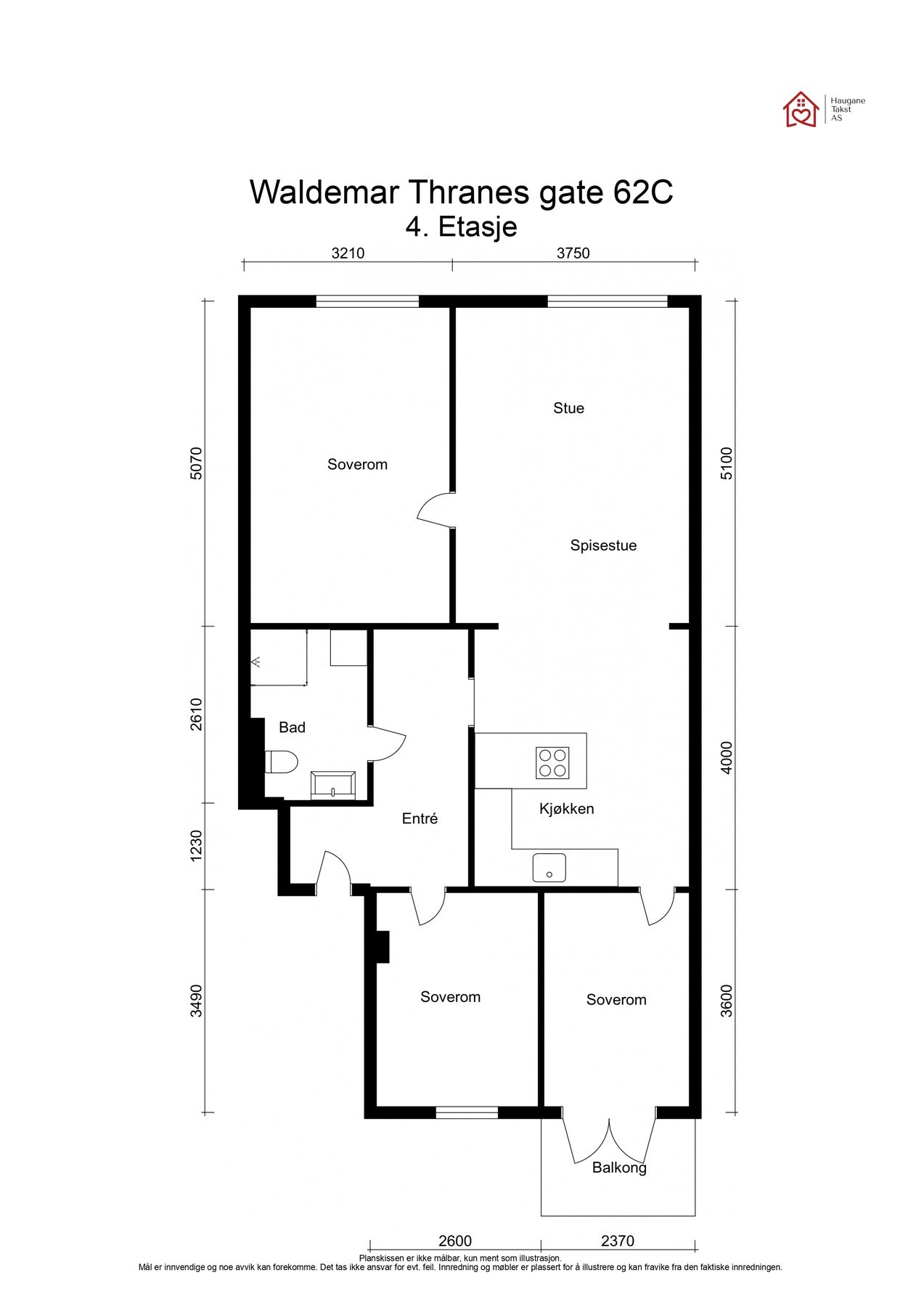 Plantegning 4. etasje. I tillegg disponerer leiligheten en kjellerbod på ca. 5,5m², samt en loftsbod med gulvareal på ca. 9m². Galleribilde