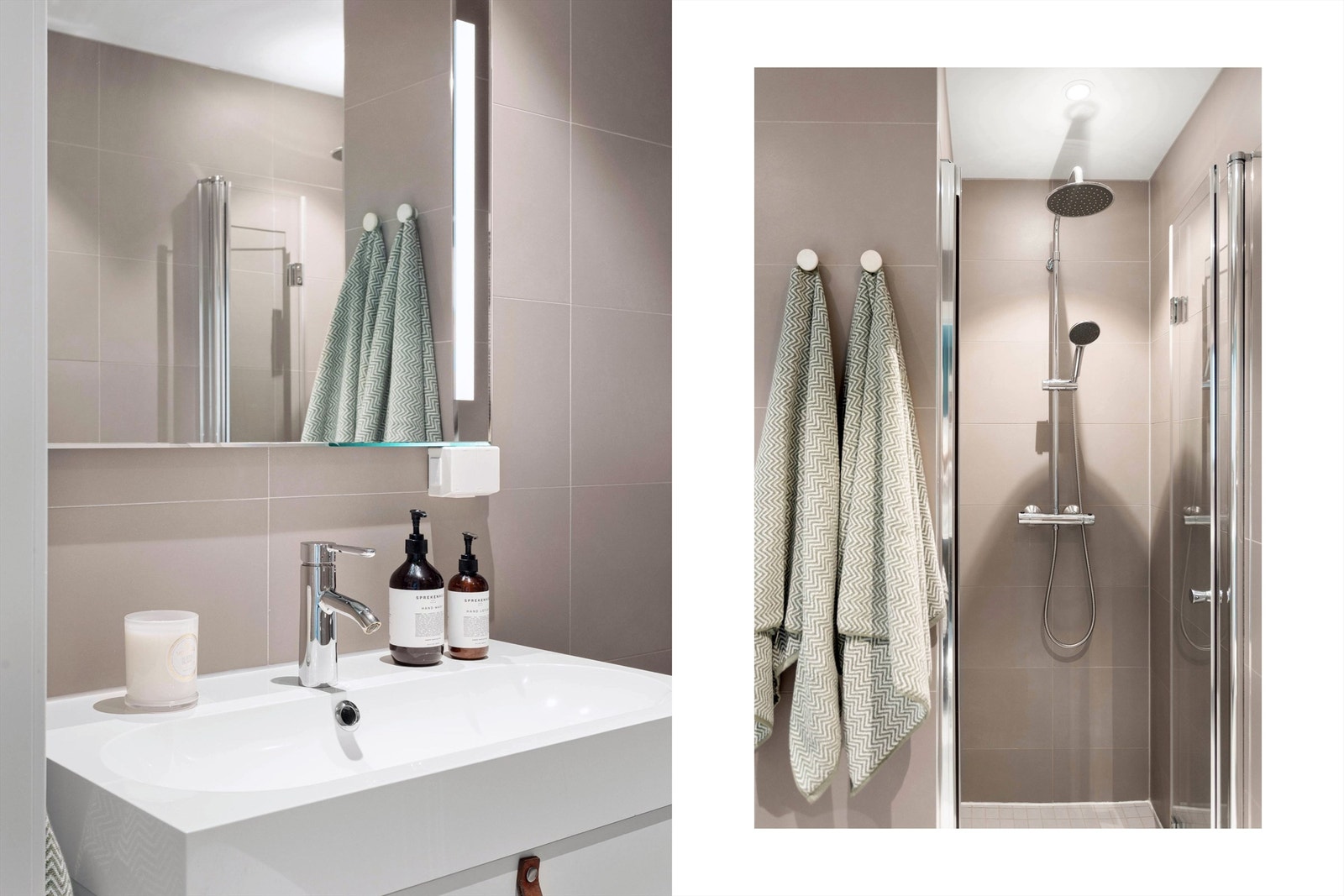 Badet er innredet med vegghengt toalett, dusj med foldevegg og opplegg for vaskemaskin. Galleribilde