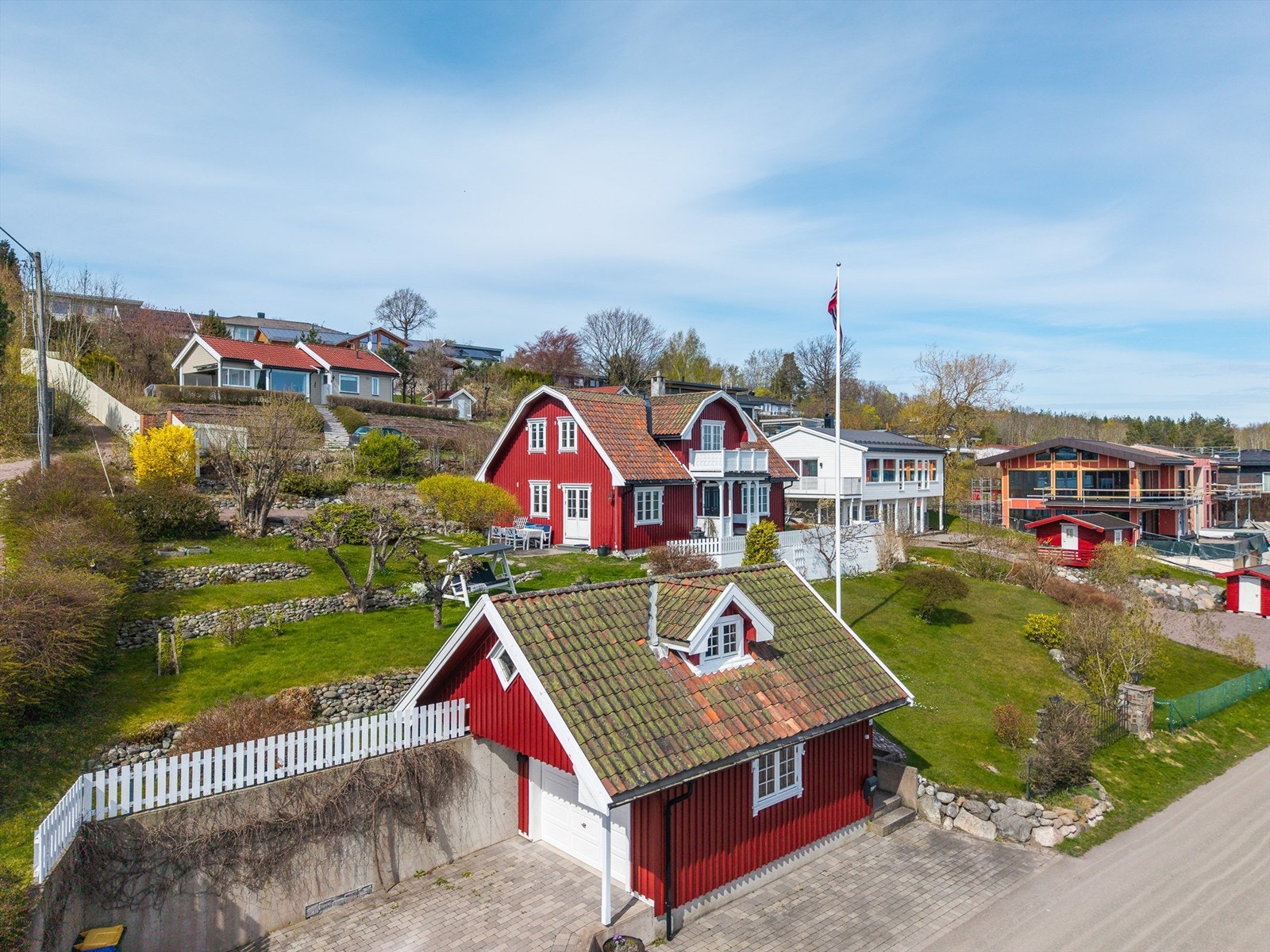 Oversikt over eiendommen med bolighus og garasje. Galleribilde