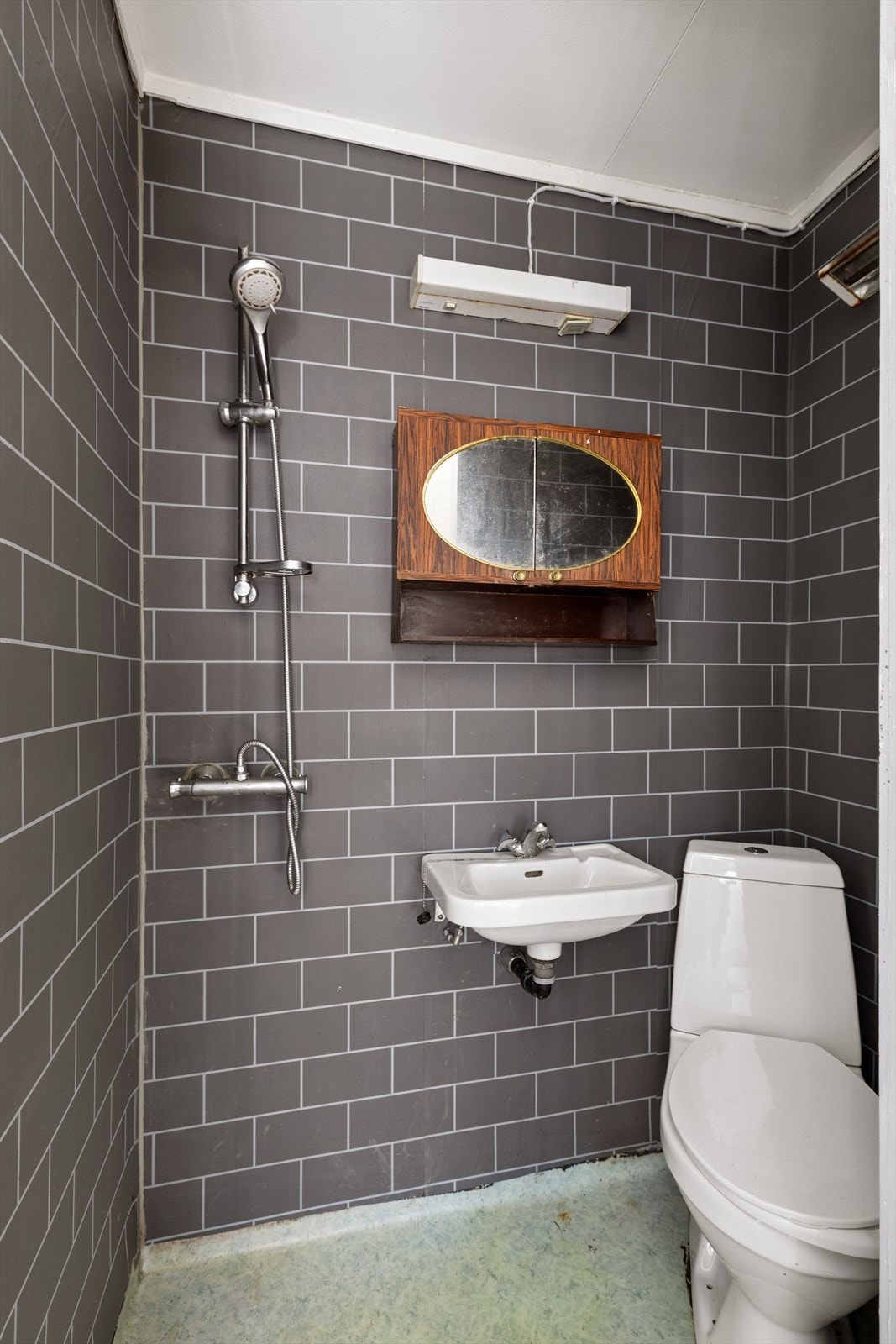 Det andre badet i underetasjen, tilhørende hoveddelen. Utstyrt med dusj, toalett og vegghengt vask. Galleribilde