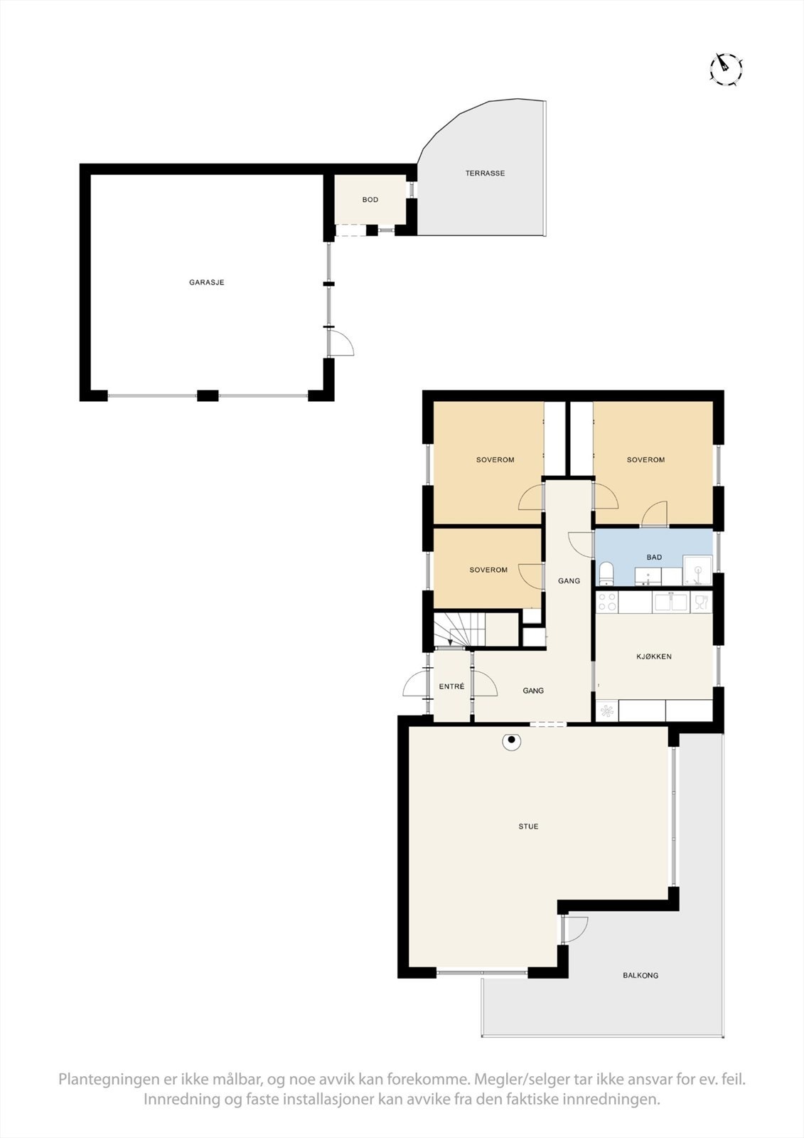 Hovedetasjen har en familievennlig planløsning med tre soverom, stue, kjøkken og bad. Galleribilde