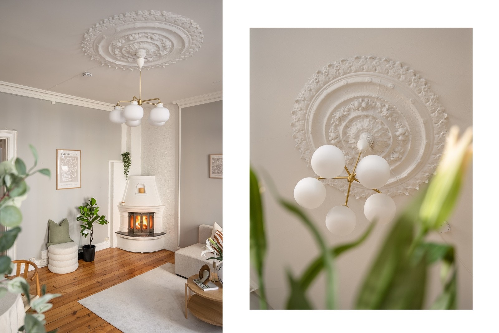 Her får man en innholdsrik leilighet, hvor klassisk sjarm møter moderne komfort - klassisk rosett, vedovn og sjelfulle gulvflater i heltre setter virkelig prikken over i'en! Galleribilde