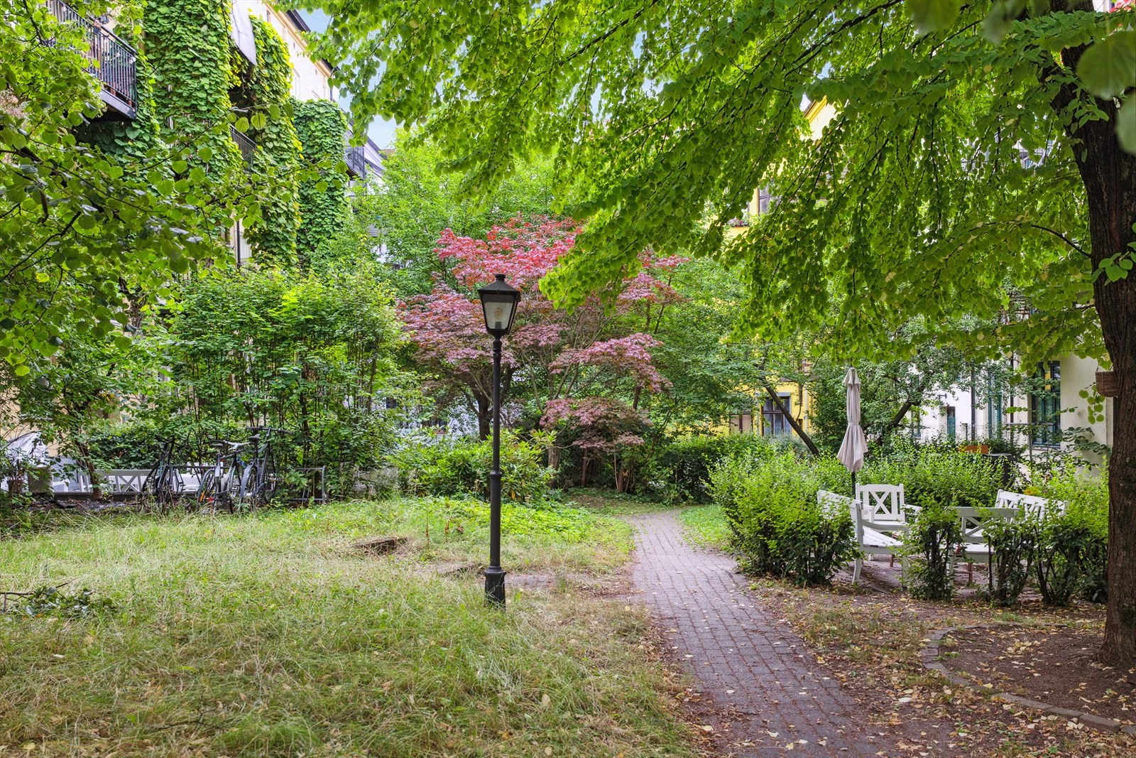 Idyllisk, felles bakgård med frodig beplantning Galleribilde