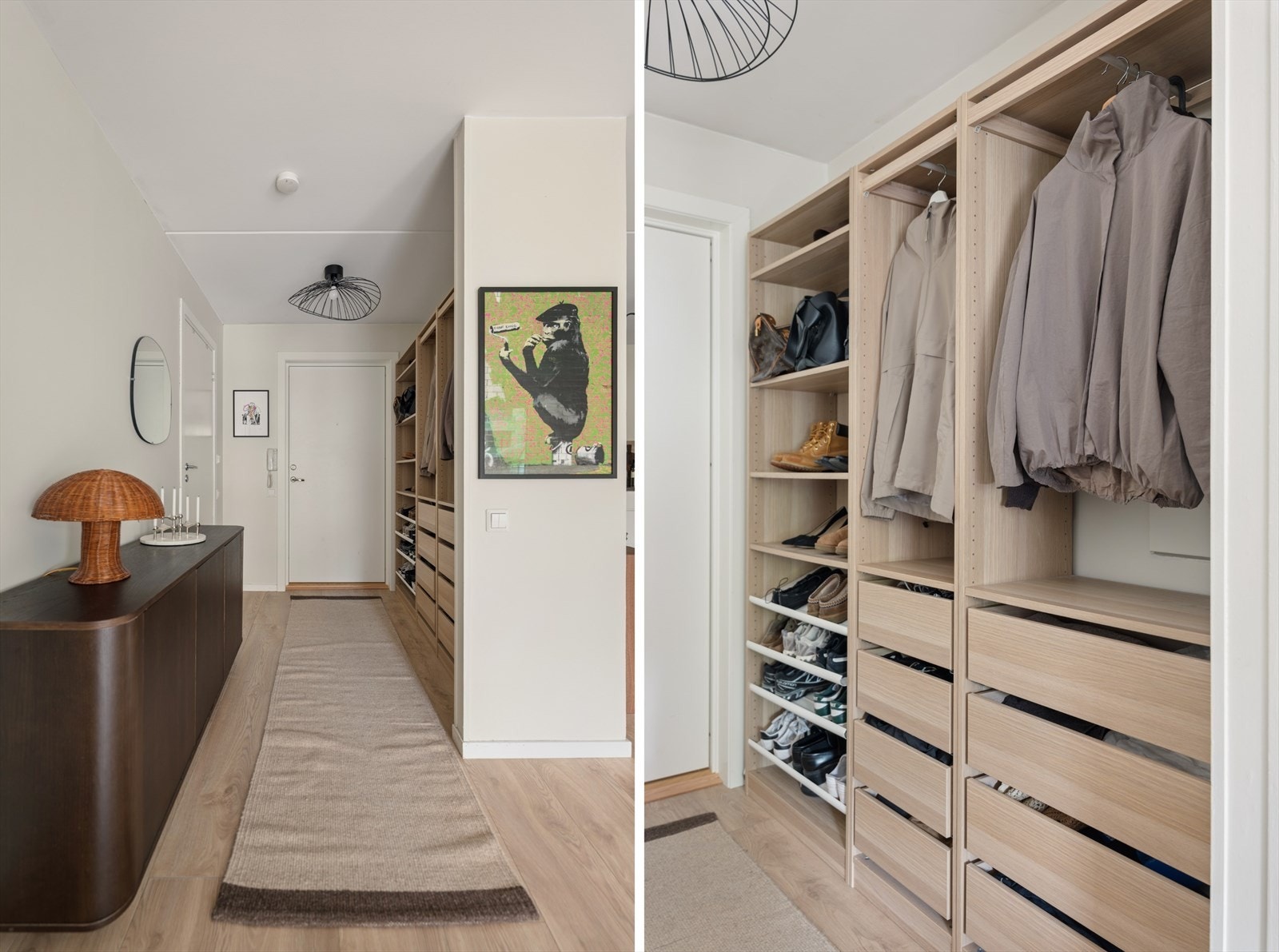 Lys og innbydende entré med moderne enstavs laminatgulv fra 2018 og gode oppbevaringsmuligheter. Praktisk garderobeløsning gir god plass til oppbevaring av både sko og yttertøy, og skaper et ryddig og hyggelig førsteinntrykk av boligen. Galleribilde