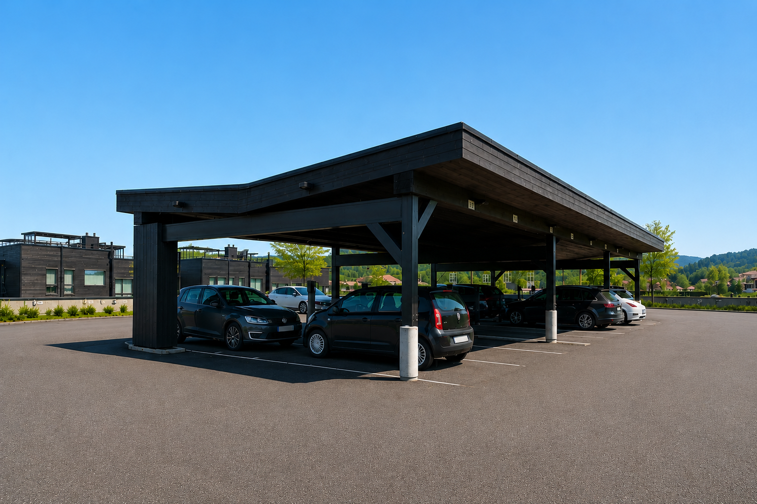 Med boligen følger en parkeringsplass. Bildet er AI redigert for å vise sesong. Galleribilde