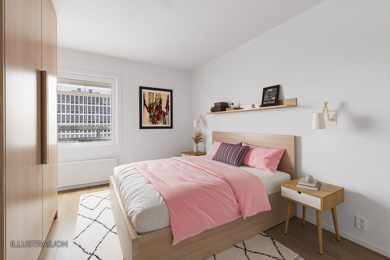 Illustrasjon: Soverom med plass til dobbeltseng og garderobe. Galleribilde