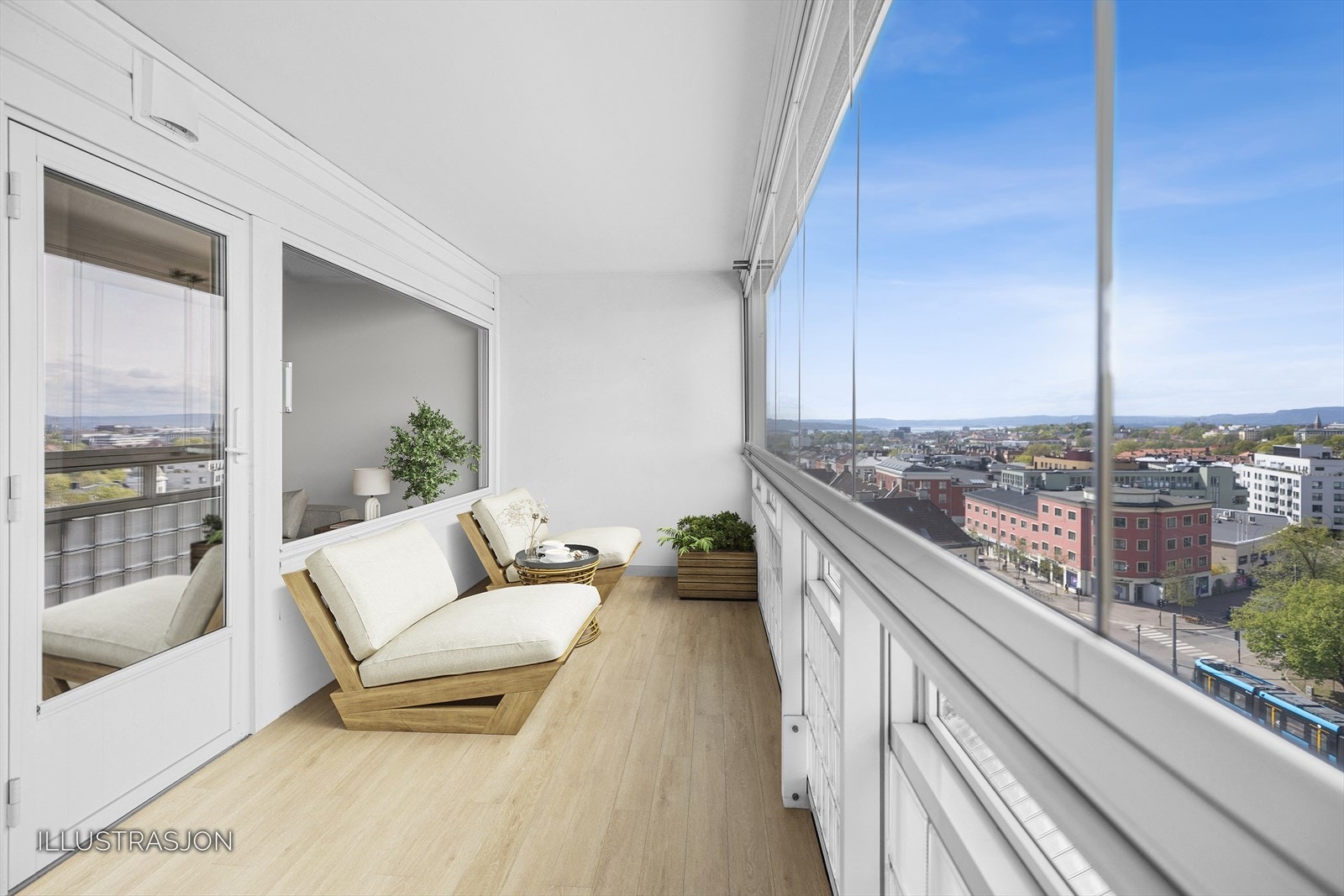 Illustrasjon med digital oppussing: Innglasset balkong med panoramautsikt over Oslo. Balkongen byr på en enestående beliggenhet i 8. etasje med romslig plass til møbler og utstyr. Galleribilde