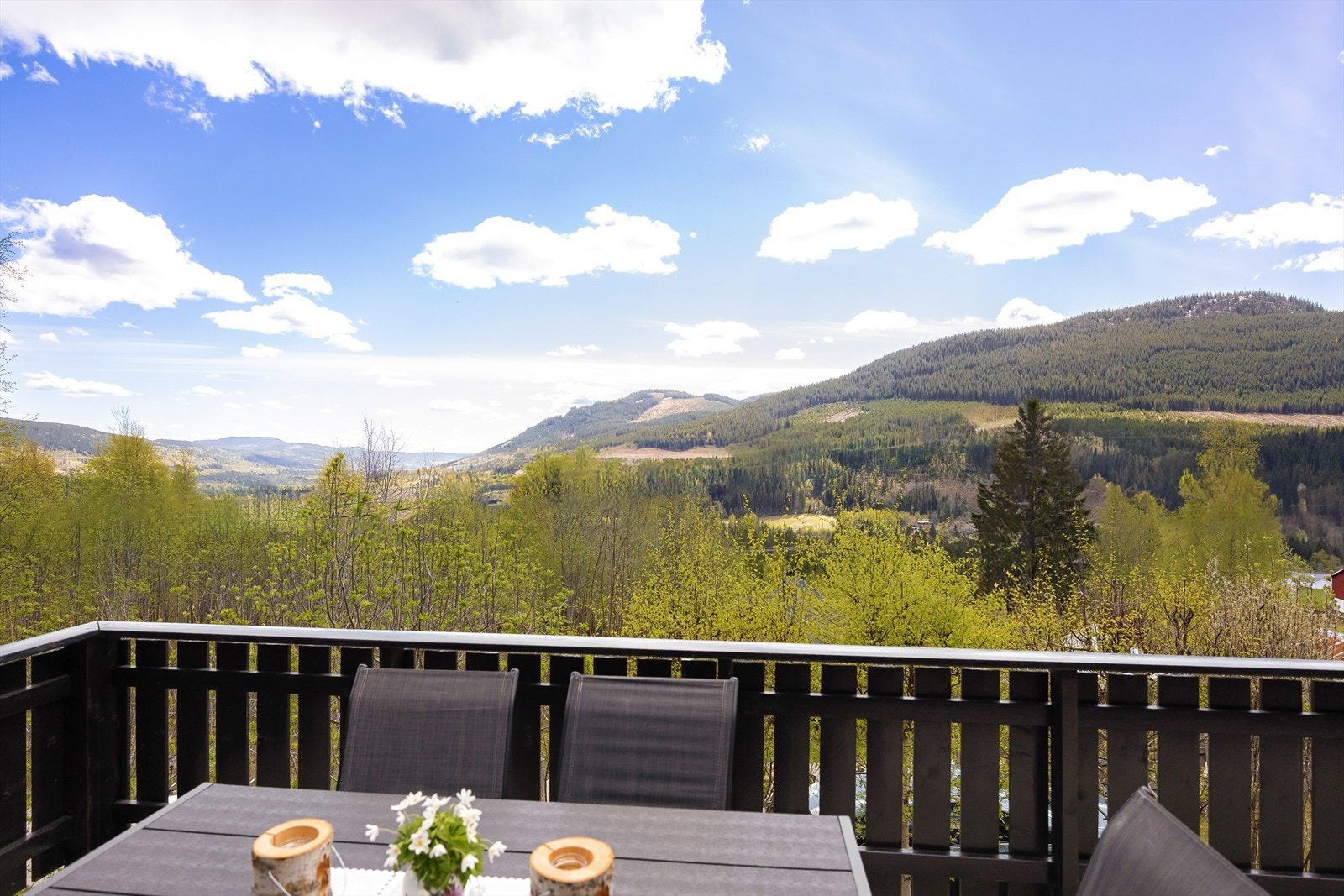 Fra terrassen har du en åpen utsikt over de skogkledde åsene. Galleribilde
