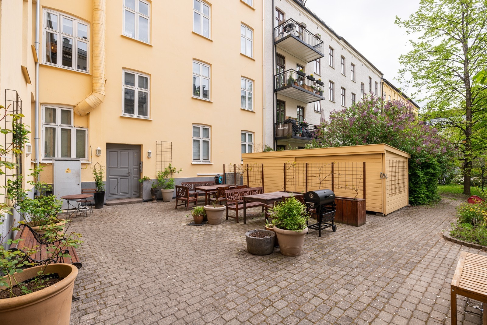 Bakgården har beplantning, sykkelparkering og hyggelige felles utearealer Galleribilde