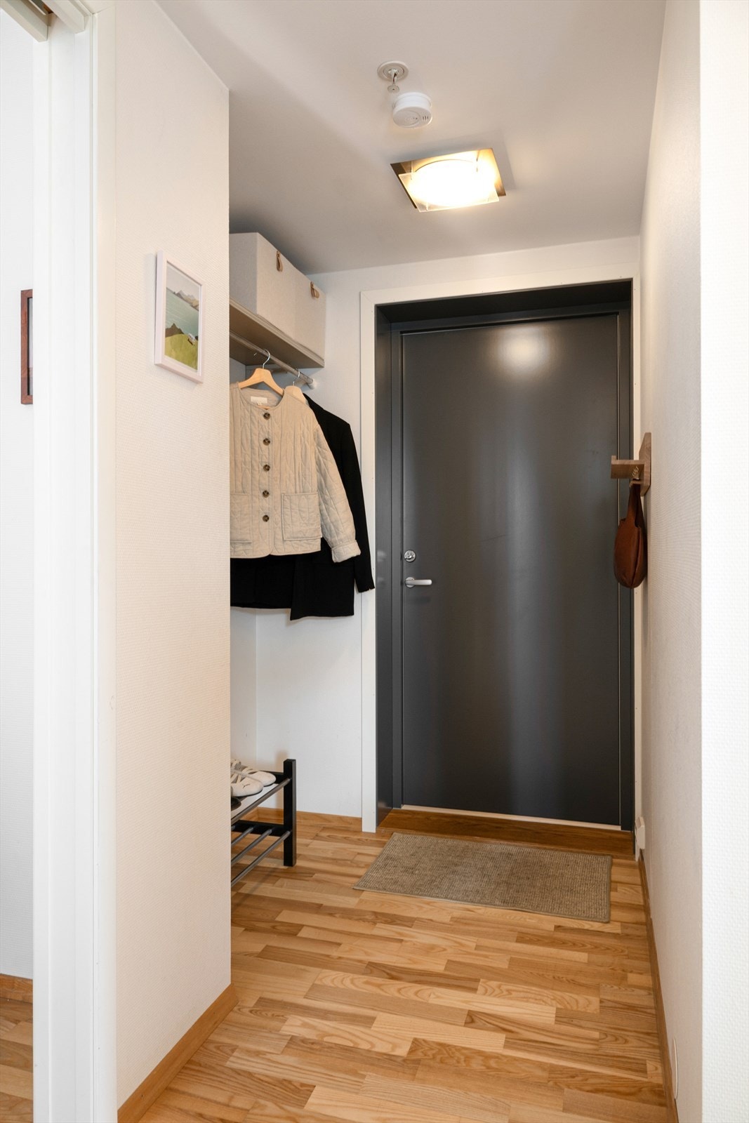 En trivelig og praktisk entré med naturlig plass til yttertøy og sko. Velkommen inn! Galleribilde