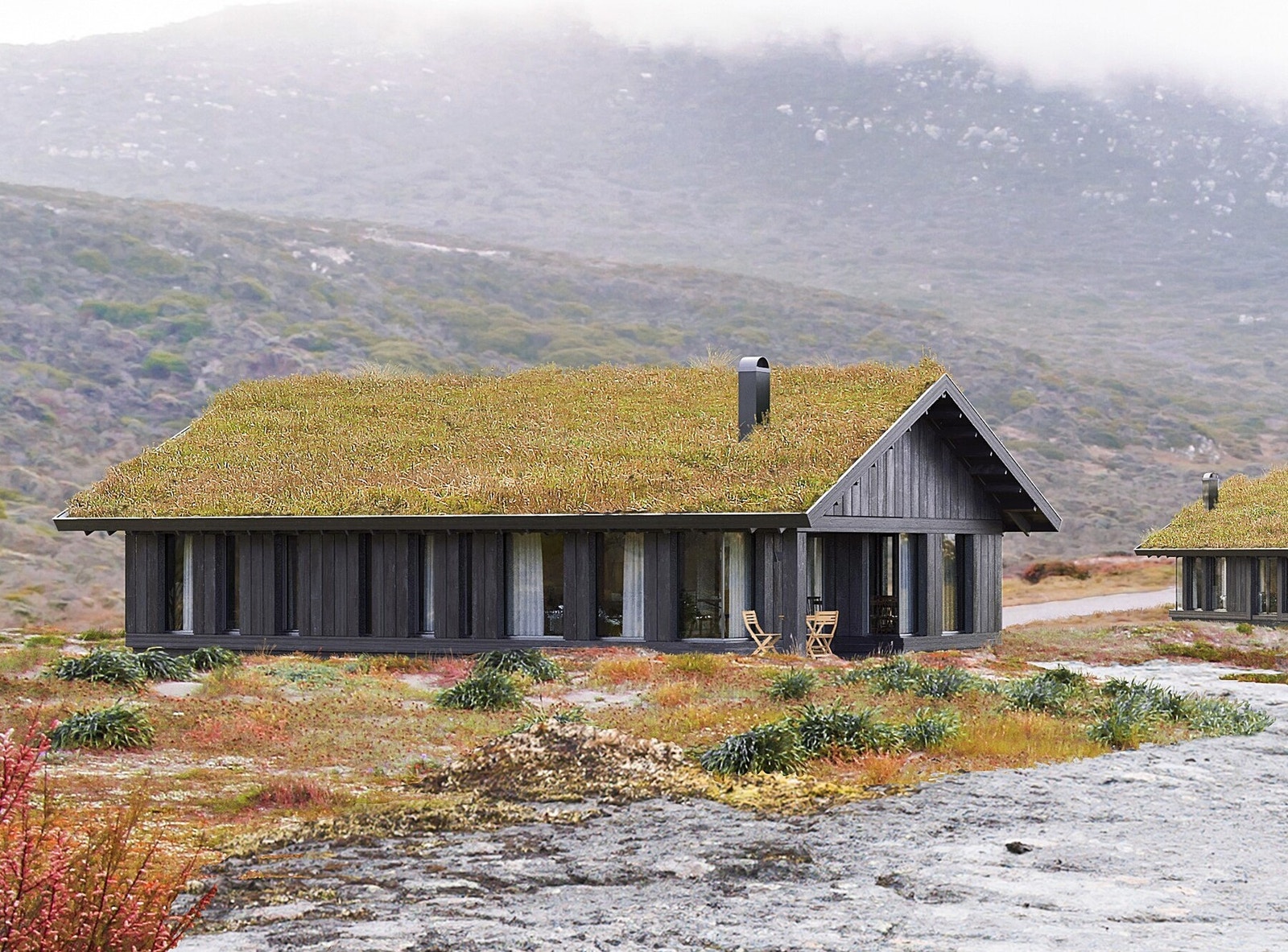 Vy hyttene glir godt inn i terrenget. Illustrasjon av en tilsvarende modell Galleribilde
