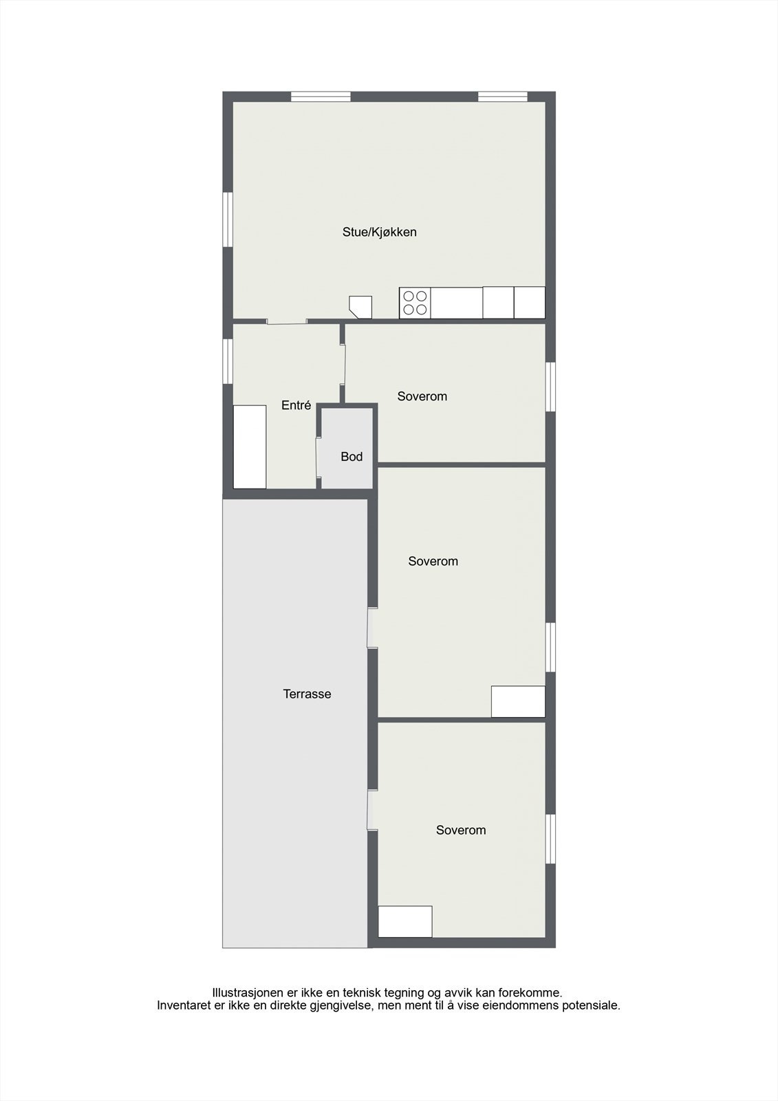 Gjestehytta har en praktisk planløsning med stue/kjøkken, ett soverom og entré i hoveddelen. To ytterligere soverom har separat, utvendig adkomst. Galleribilde