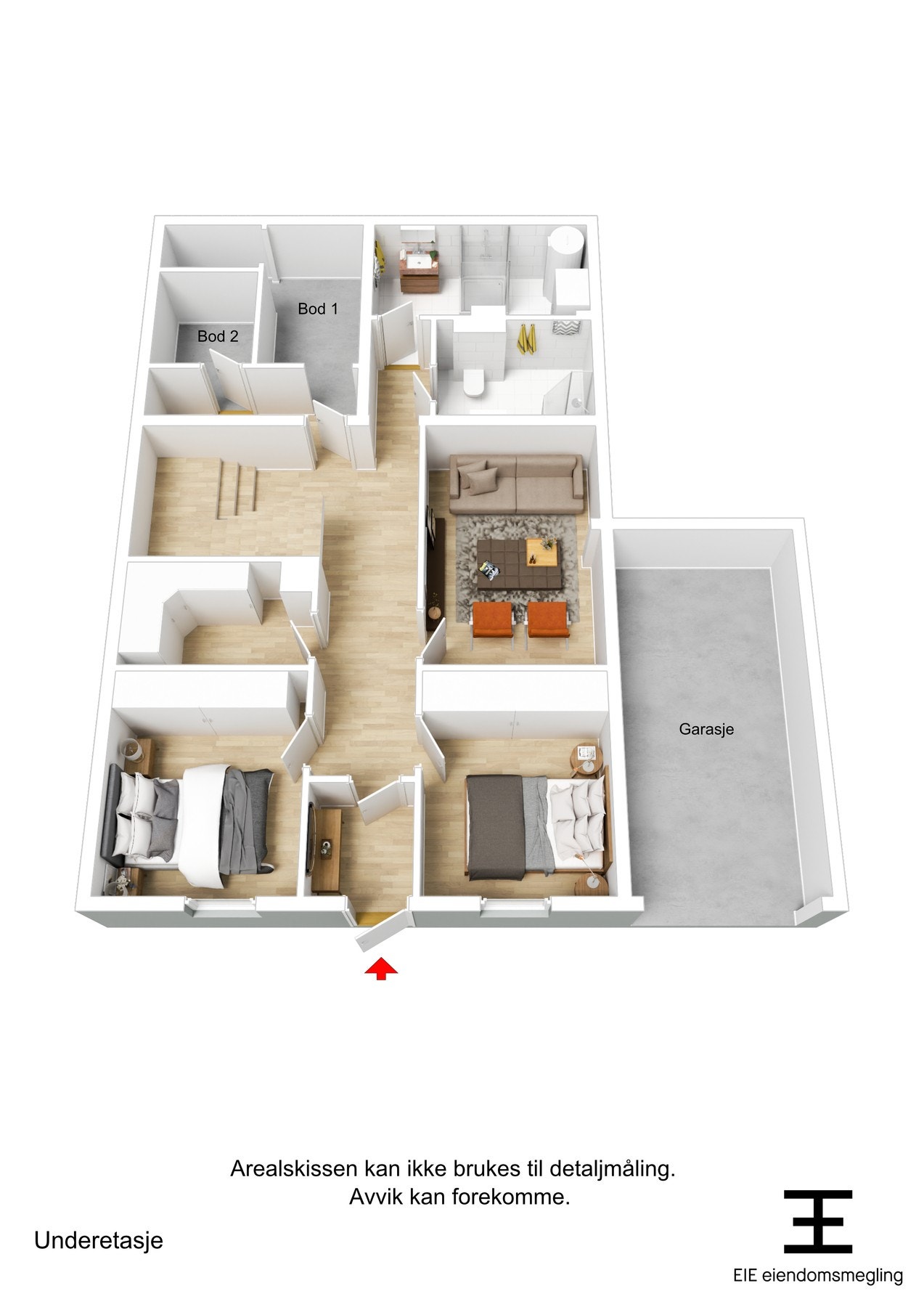 Boligens plantegning U. etg. i 3D. Galleribilde