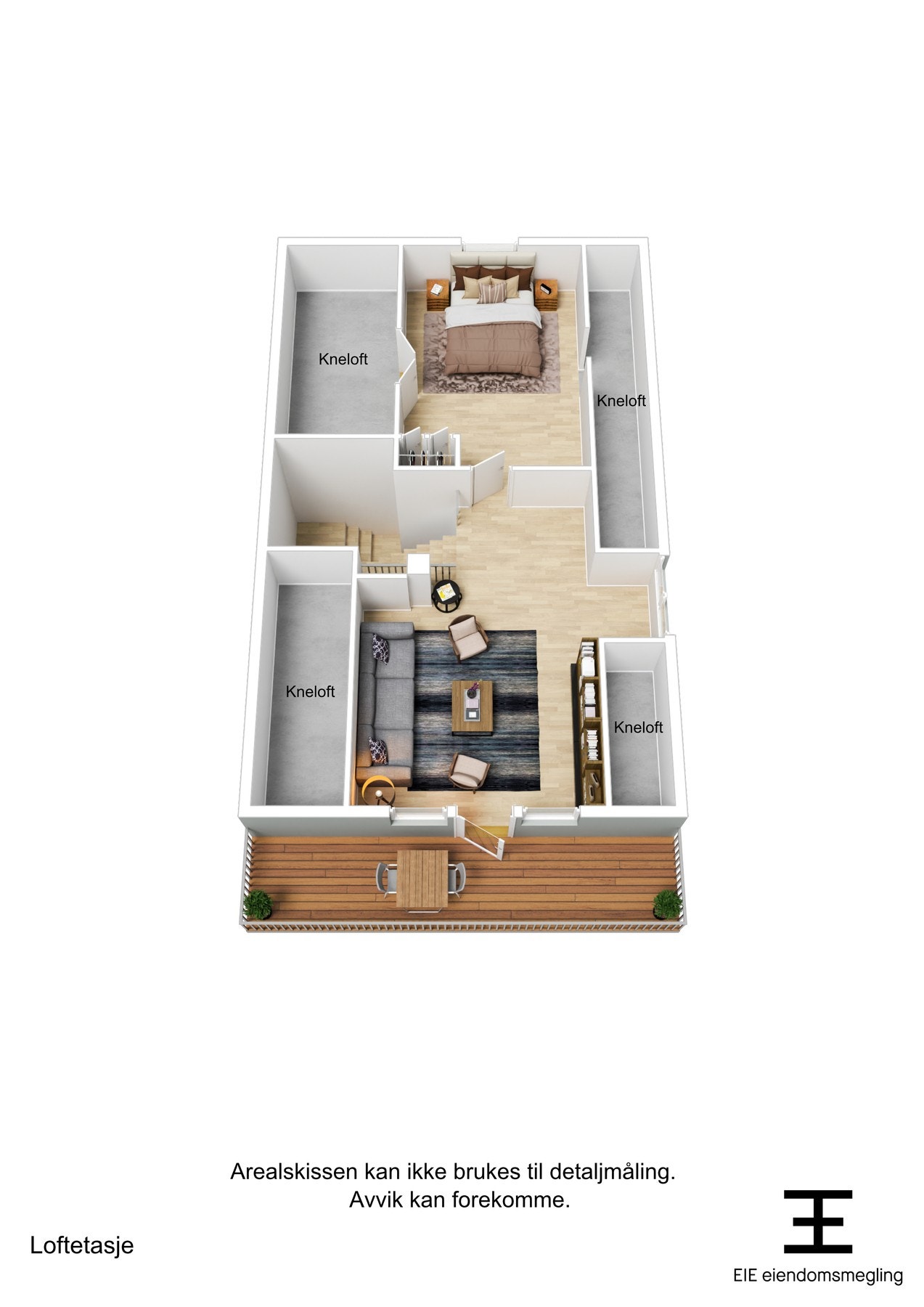 Boligens plantegning lofts etg. i 3D. Galleribilde