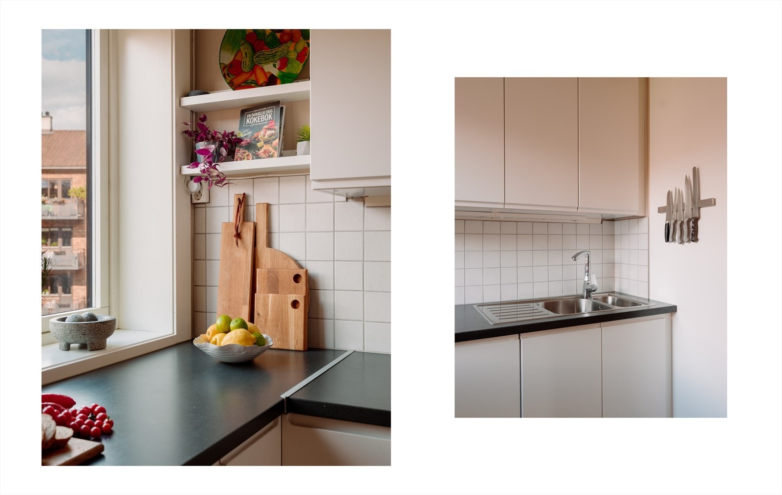 Benkeplaten i laminat har nedfelt kum i rustfritt stål med ettgreps blandebatteri, og det er fliser på vegg over arbeidsbenken, samt praktisk belysning under overskapene. Galleribilde