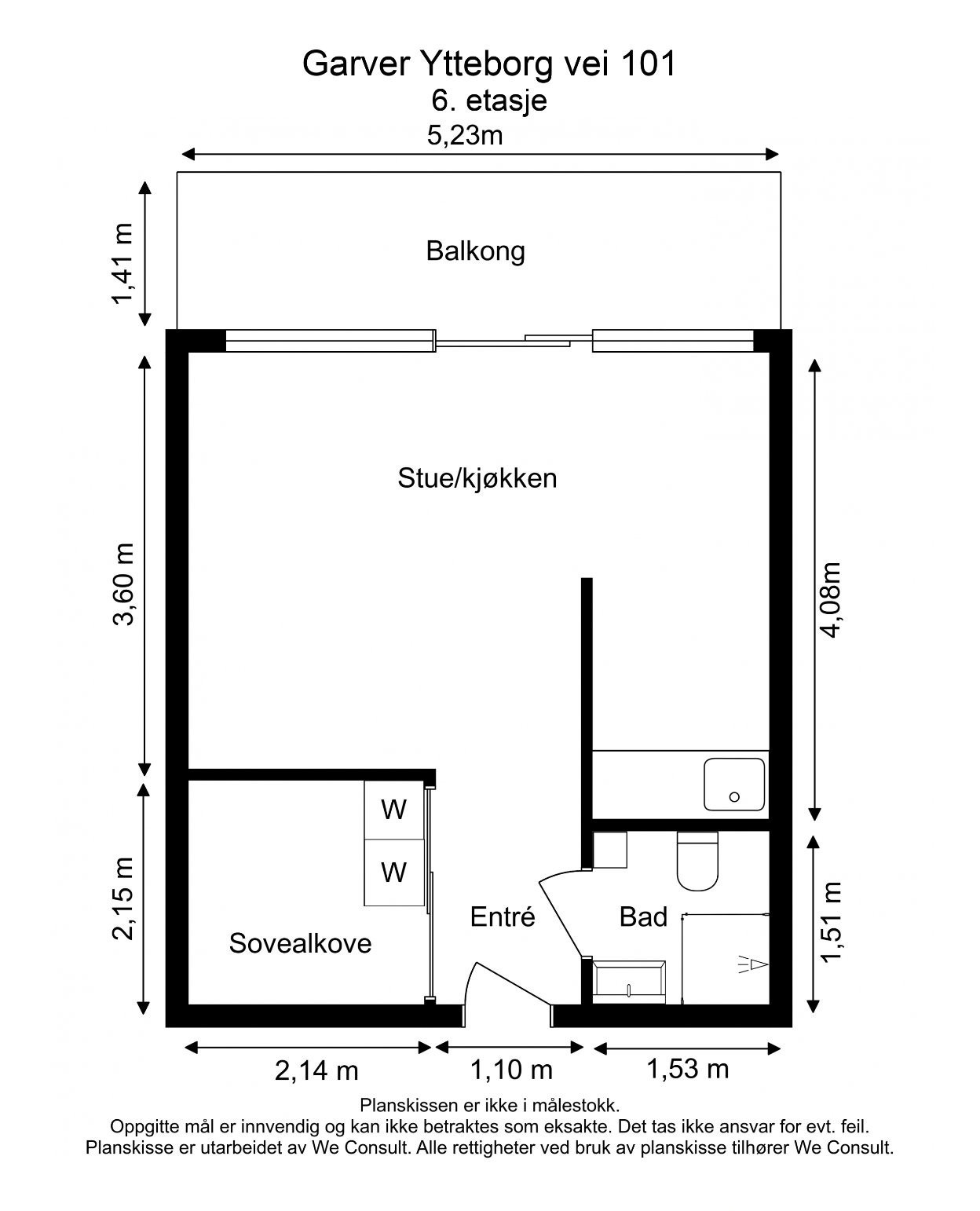 Planskisse: Garver Yteeborg vei 101, Oslo 0977 1 rom leilighet med alcov og balkong Galleribilde