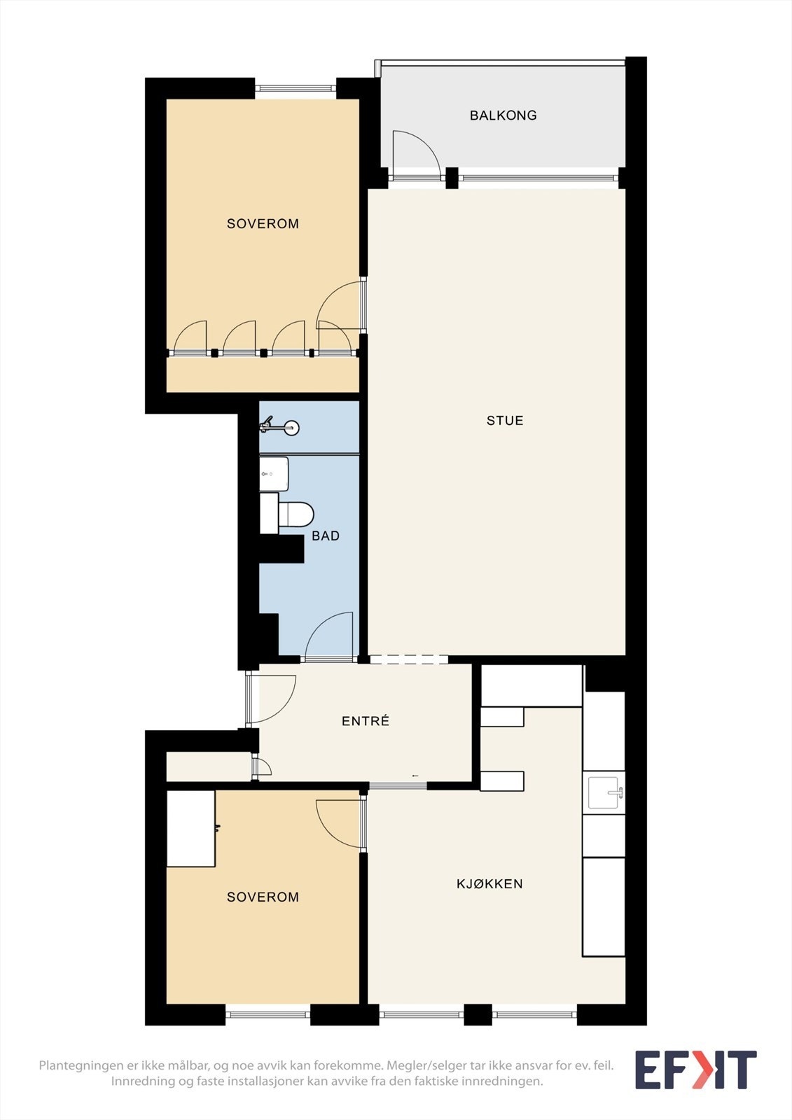 Leiligheten har en praktisk og romslig planløsning med to soverom, stue, kjøkken og bad fordelt på 70 m². Galleribilde