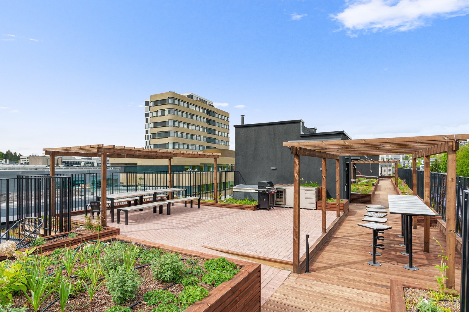 Stor, flott felles takterrasse med flere soner og sittegrupper. Galleribilde
