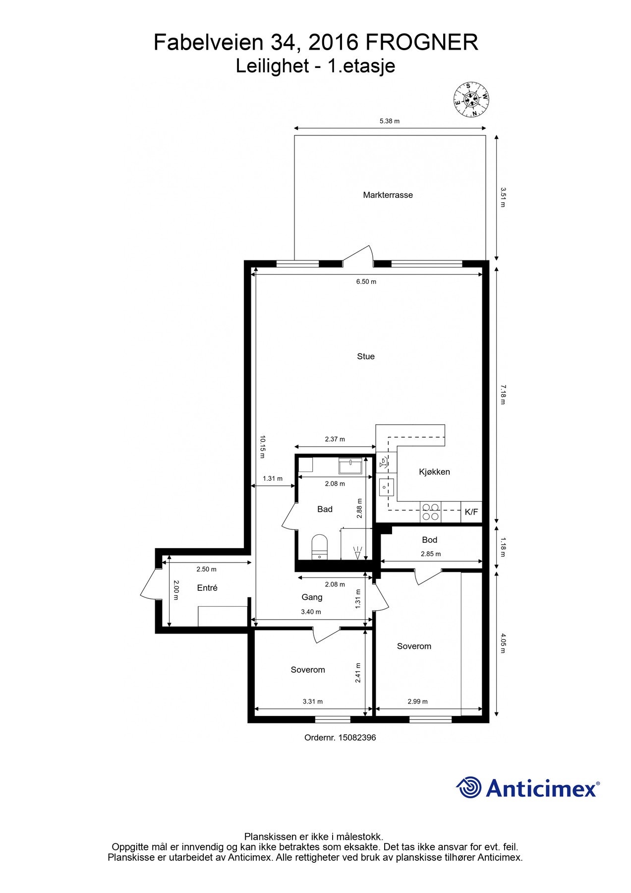 Plantegning. I tillegg disponerer leiligheten en garasjeplass med elbil-lader og en kjellerbod på 6m². Galleribilde
