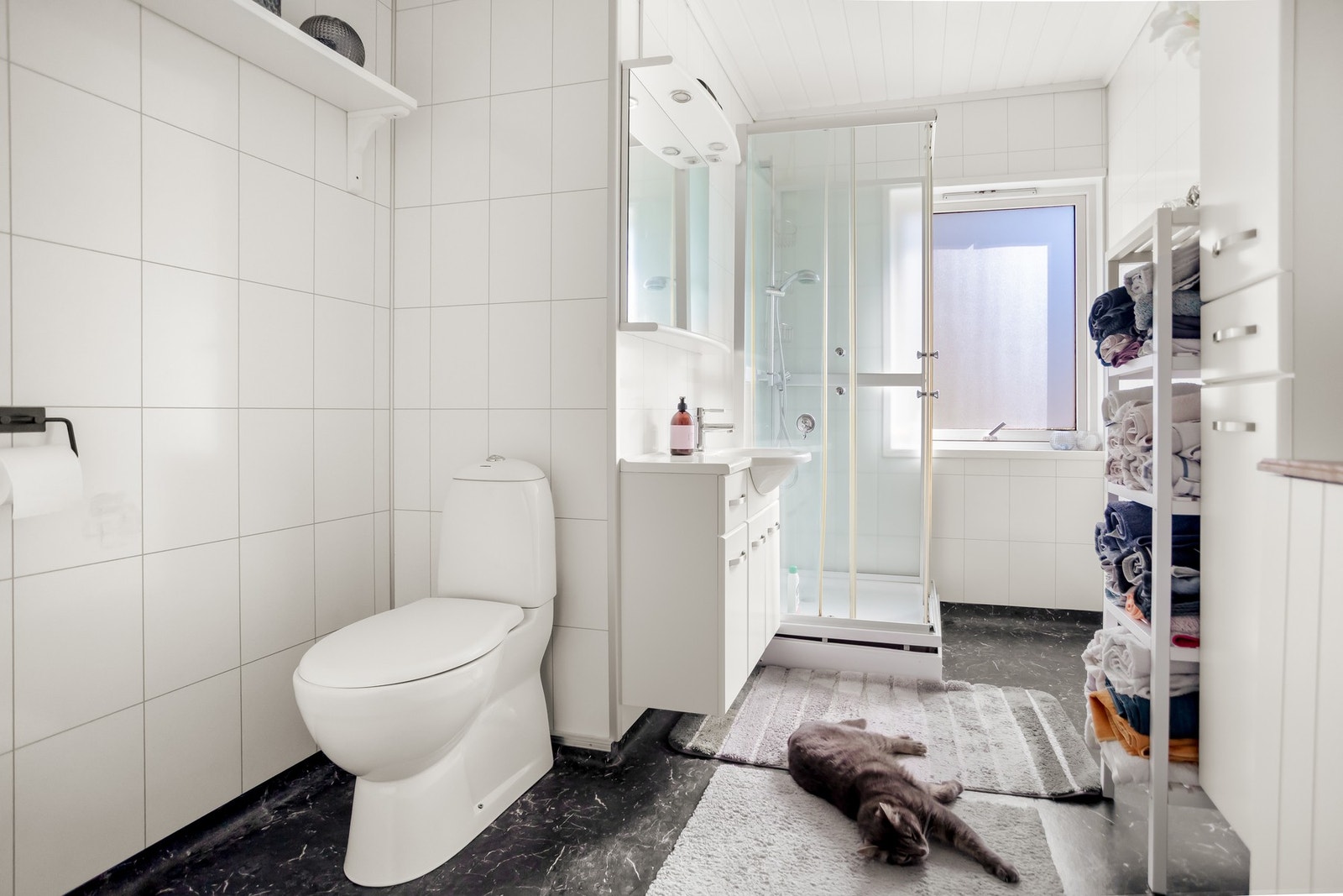 Badet er utstyrt med dusjkabinett, toalett og servant med innredning. Galleribilde