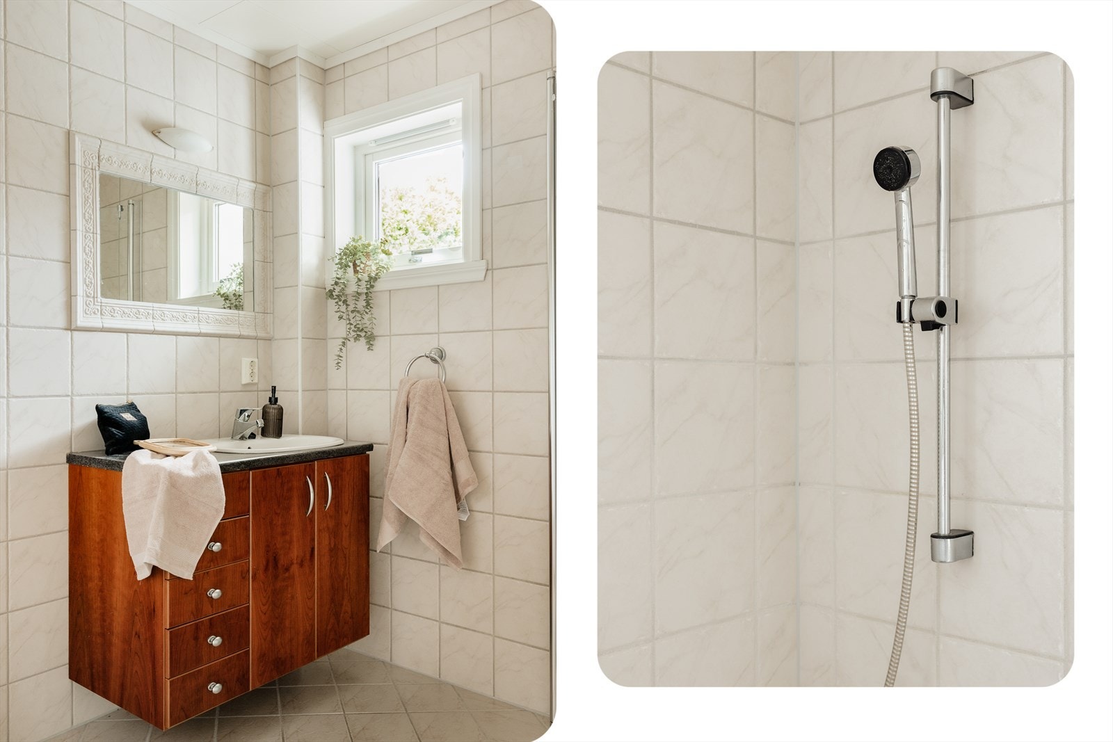 Badet er innredet med nedfelt servant, toalett og dusjvegger/hjørne. Galleribilde