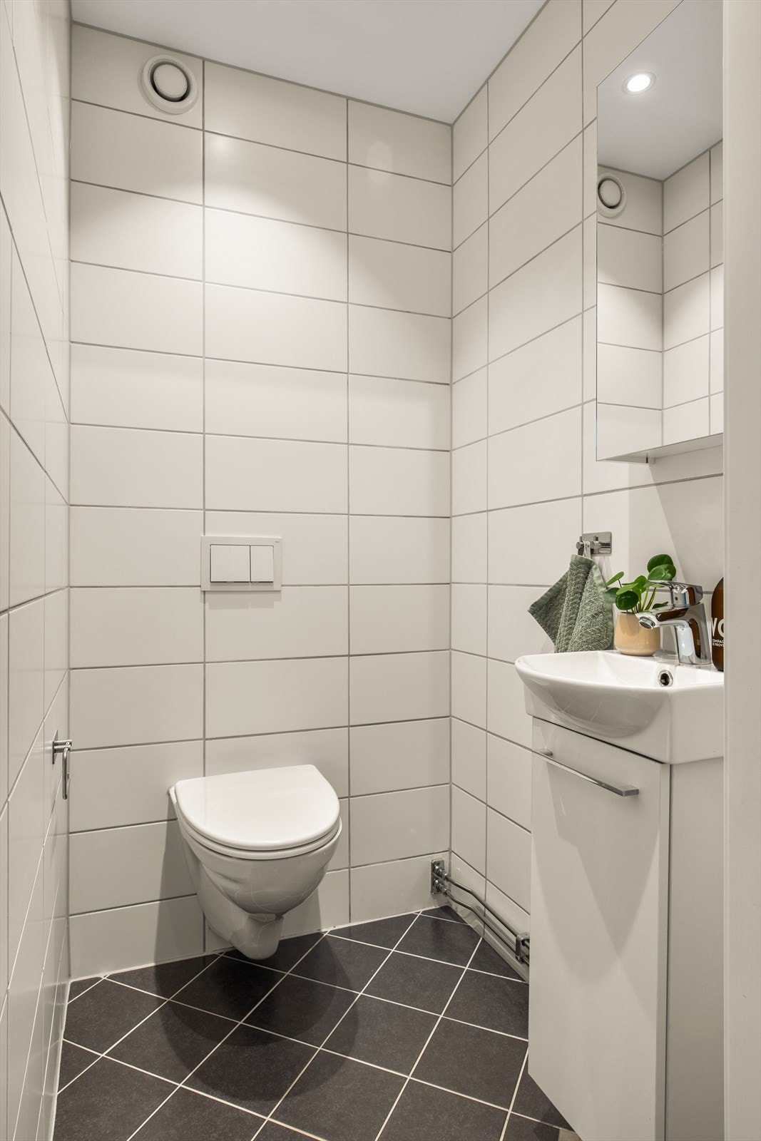 Fra entréen har du tilgang til et separat toalettrom (2021), utstyrt med vegghengt toalett, servant med underskap og praktisk speilskap. Downlights i tak. Galleribilde