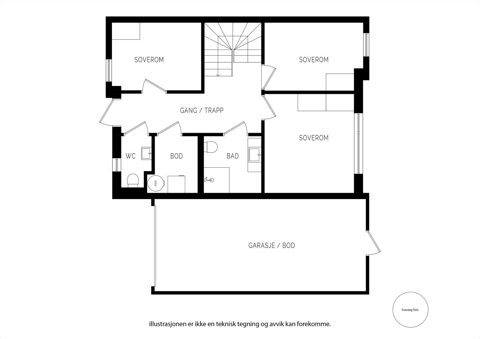 Første etasje inneholder boligens private del med tre soverom, bad, toalettrom og vaskerom. Galleribilde