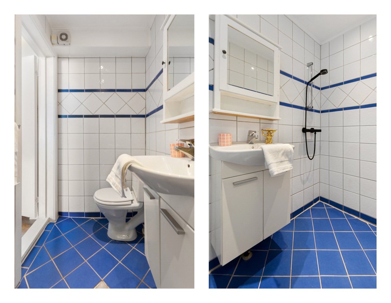 Badet er flislagt med varmekabler. Her finner du et gulvstående toalett, dusj, et vegghengt servant og tilhørende speilskap. Galleribilde