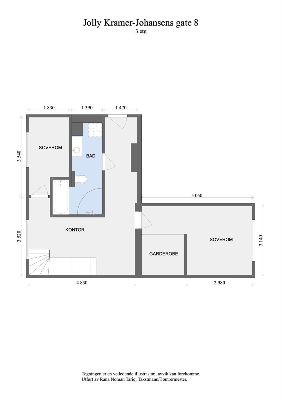 Plantegning 3. etasje. I denne etasjen finner vi to soverom, garderobe, bad, entré og kontor/trappeoppgang. Galleribilde
