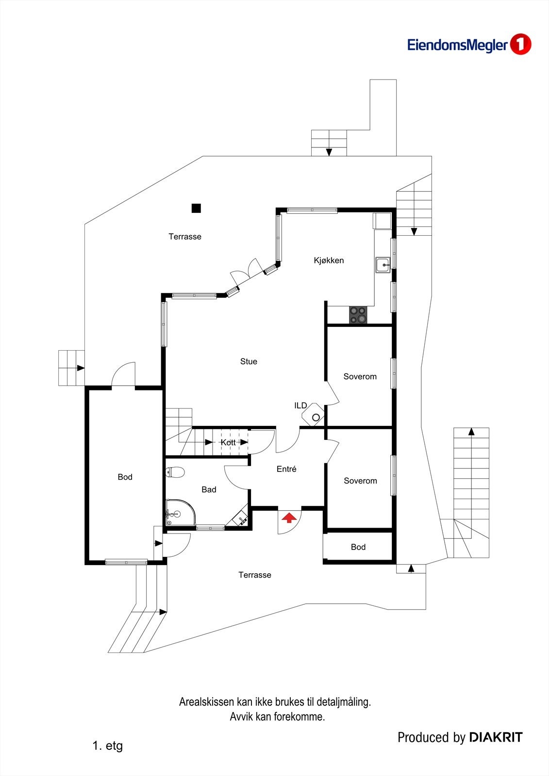 Første etasje har en praktisk planløsning med åpen stue- og kjøkkenløsning, to soverom, bad og entré. Galleribilde