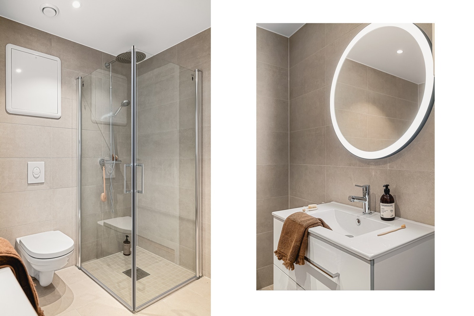 - Badet er utstyrt med blant annet vegghengt toalett, takdusj, speil med integrert belysning og opplegg for vaskemaskin og tørketrommel - Galleribilde