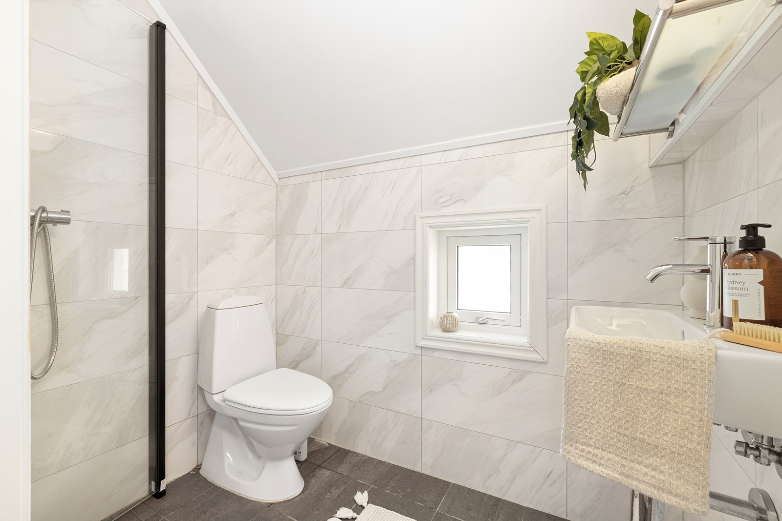 Badet inneholder dusjhjørne, toalett og servant. Galleribilde