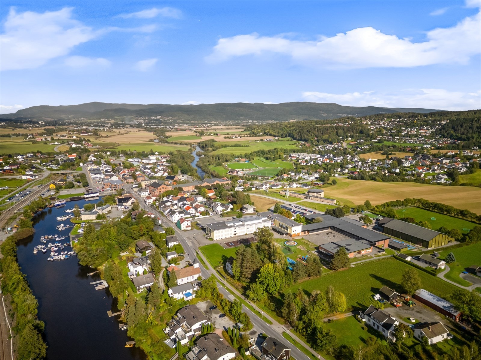 Oversikt over Vestfossen sentrum, med en blanding av boliger, servicetilbud og grøntområder. Galleribilde