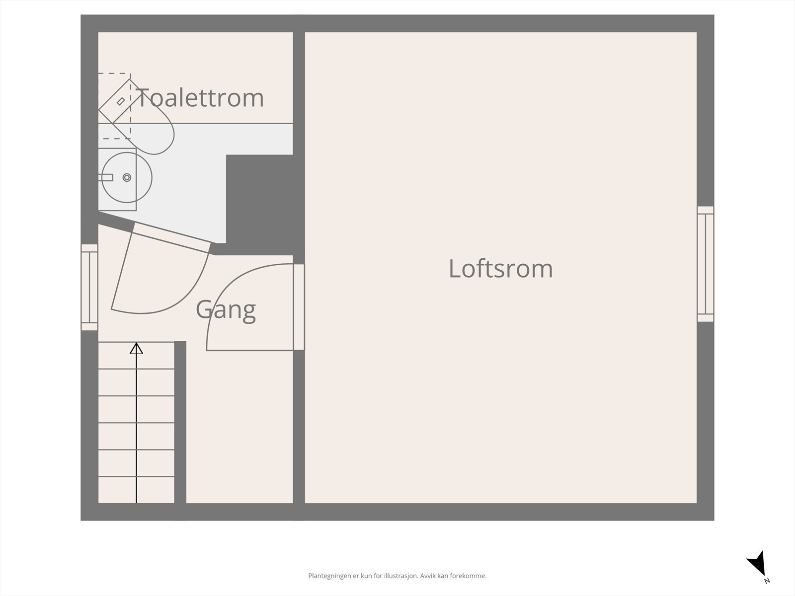 Loftsetasjen er innredet med et disponibelt rom, gang og et praktisk toalettrom. Galleribilde