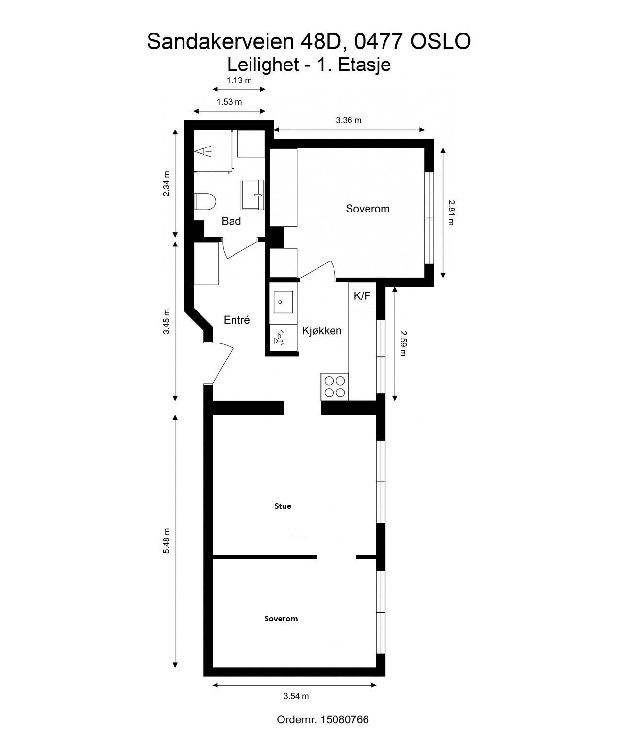 Plantegning hvor det har blitt satt på vegg i stue for å få et ekstra soverom. Galleribilde