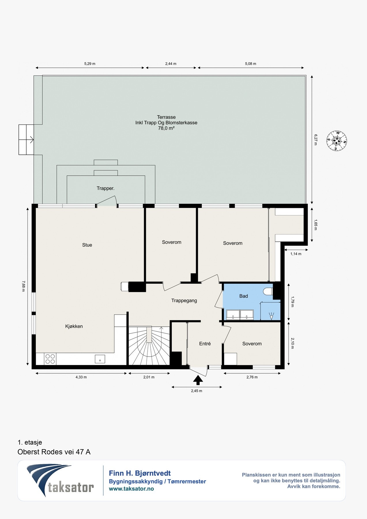 Planskisse første etasje. Boligen er svært innholdsrik og inneholder bl.a. fem soverom, to bad, to stuer og en hybel. Galleribilde